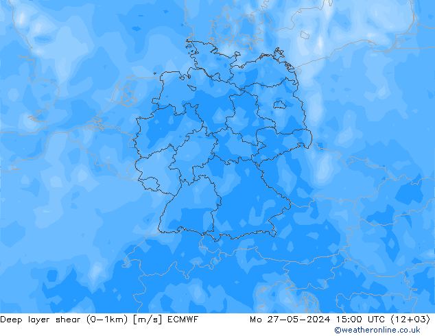 Deep layer shear (0-1km) ECMWF Mo 27.05.2024 15 UTC