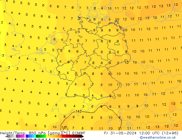 Z500/Rain (+SLP)/Z850 ECMWF Fr 31.05.2024 12 UTC