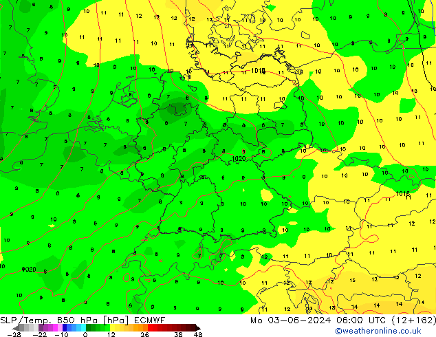 SLP/Temp. 850 hPa ECMWF Mo 03.06.2024 06 UTC