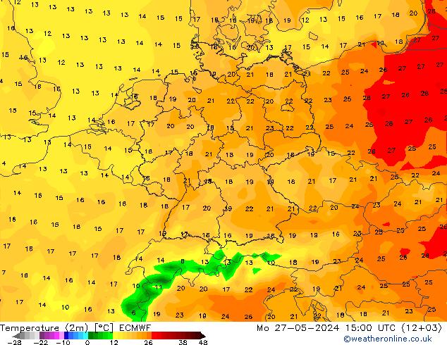 Temperature (2m) ECMWF Mo 27.05.2024 15 UTC