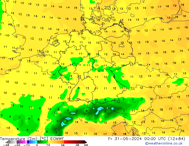 Temperatuurkaart (2m) ECMWF vr 31.05.2024 00 UTC