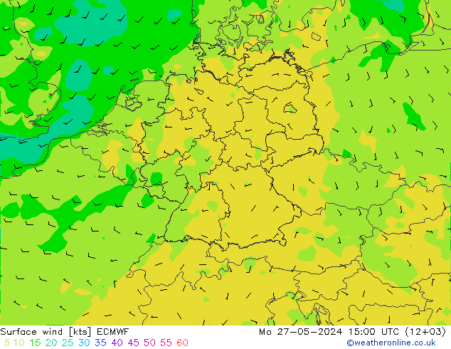 ветер 10 m ECMWF пн 27.05.2024 15 UTC