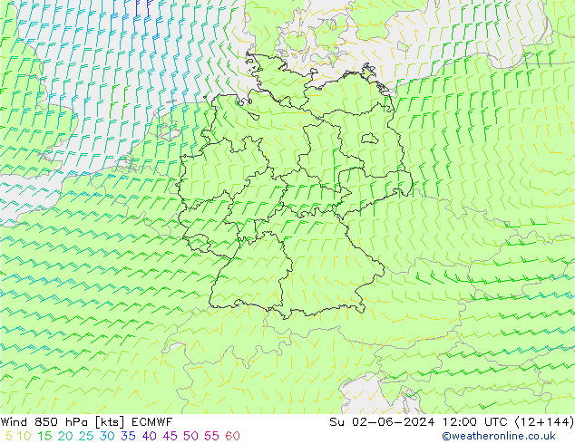 wiatr 850 hPa ECMWF nie. 02.06.2024 12 UTC