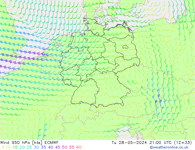 Vent 950 hPa ECMWF mar 28.05.2024 21 UTC