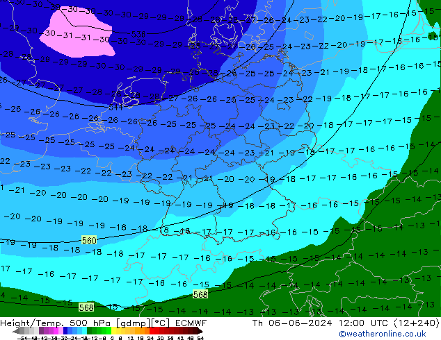 Geop./Temp. 500 hPa ECMWF jue 06.06.2024 12 UTC