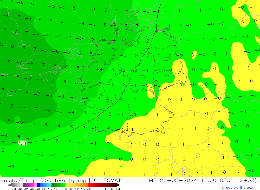 Height/Temp. 700 hPa ECMWF Mo 27.05.2024 15 UTC