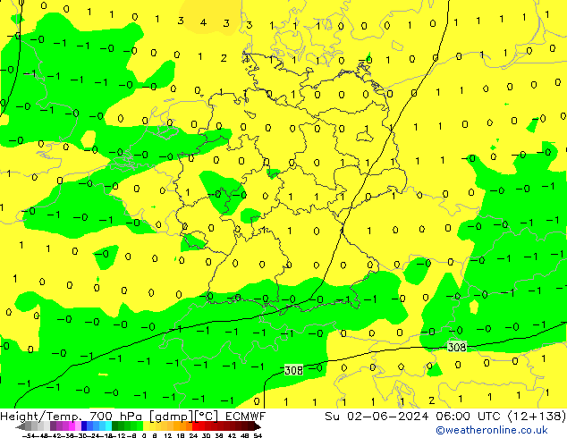 Hoogte/Temp. 700 hPa ECMWF zo 02.06.2024 06 UTC