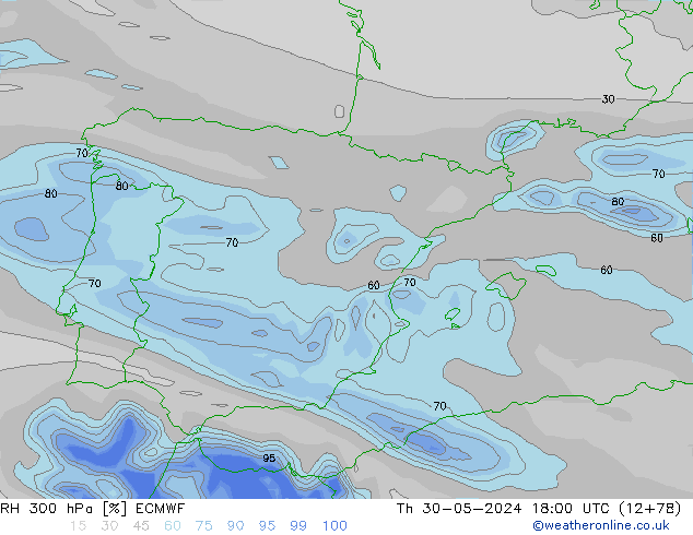 RH 300 hPa ECMWF Qui 30.05.2024 18 UTC