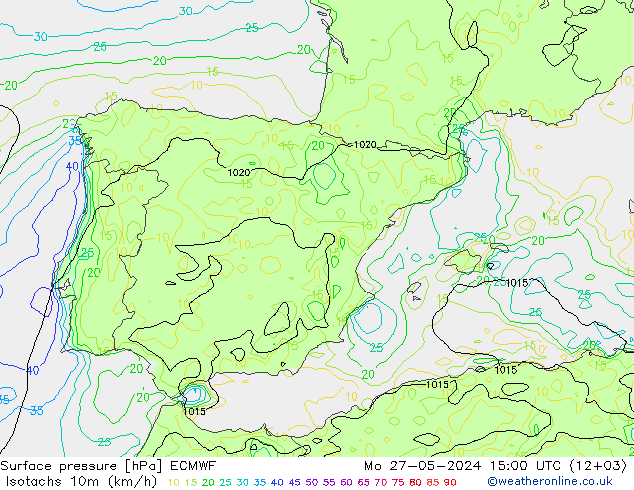 Isotachs (kph) ECMWF Po 27.05.2024 15 UTC