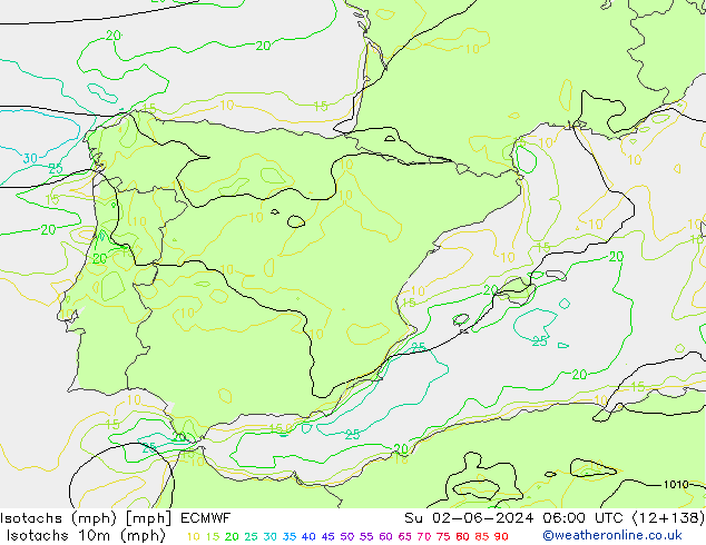 Isotachs (mph) ECMWF Ne 02.06.2024 06 UTC