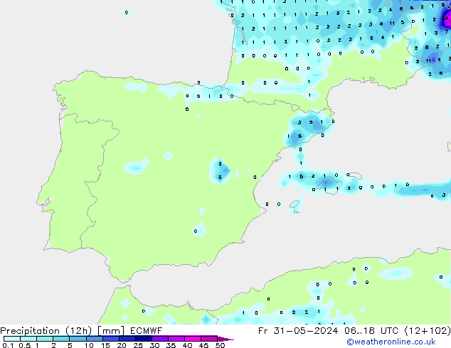 Precipitation (12h) ECMWF Pá 31.05.2024 18 UTC