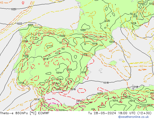 Theta-e 850hPa ECMWF Tu 28.05.2024 18 UTC