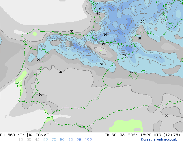 RH 850 hPa ECMWF Th 30.05.2024 18 UTC