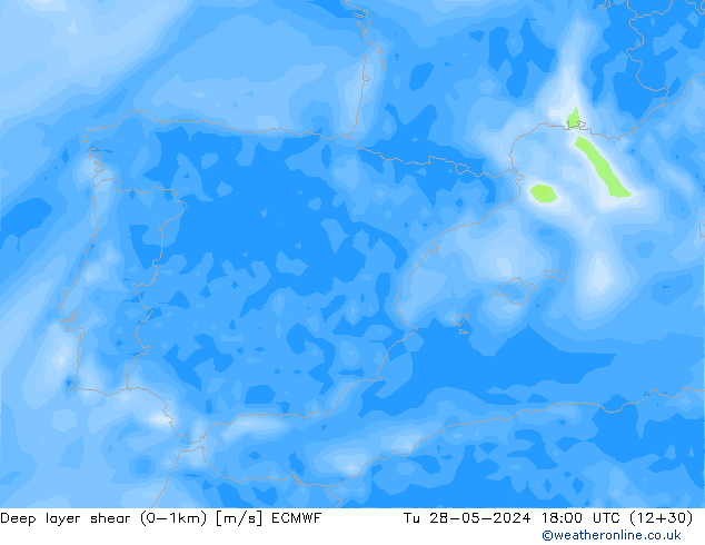 Deep layer shear (0-1km) ECMWF Tu 28.05.2024 18 UTC