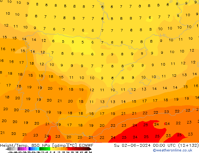 Height/Temp. 850 hPa ECMWF nie. 02.06.2024 00 UTC