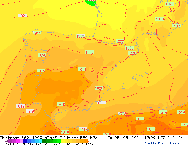 Dikte 850-1000 hPa ECMWF di 28.05.2024 12 UTC