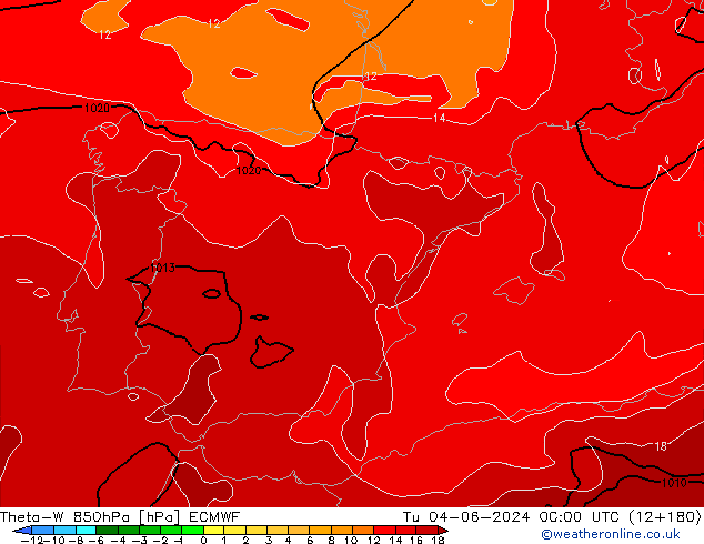 Theta-W 850гПа ECMWF вт 04.06.2024 00 UTC