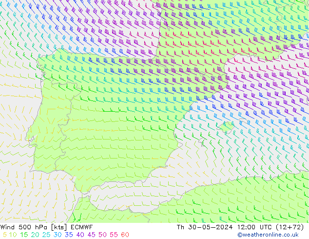 Wind 500 hPa ECMWF Th 30.05.2024 12 UTC