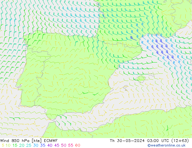 Wind 850 hPa ECMWF Čt 30.05.2024 03 UTC