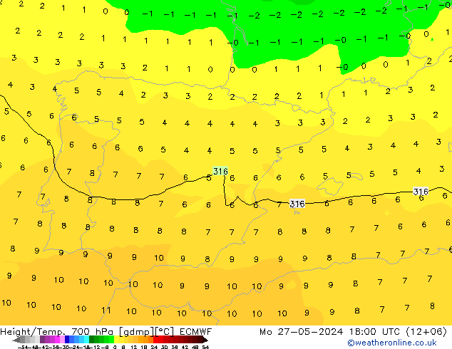 Height/Temp. 700 hPa ECMWF Seg 27.05.2024 18 UTC