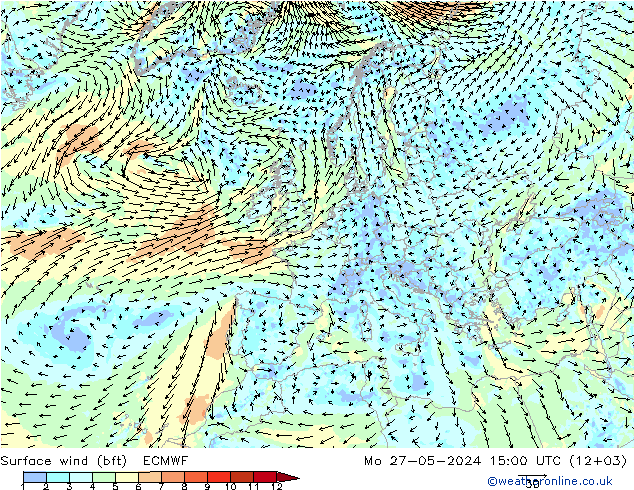 Vent 10 m (bft) ECMWF lun 27.05.2024 15 UTC