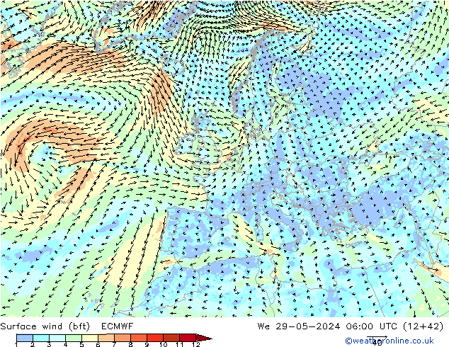 Vento 10 m (bft) ECMWF Qua 29.05.2024 06 UTC