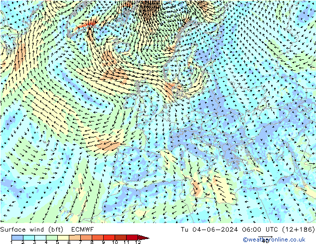 Surface wind (bft) ECMWF Út 04.06.2024 06 UTC