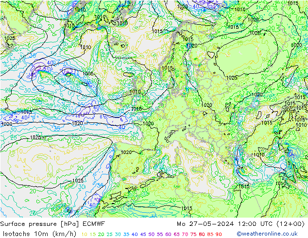 Isotachen (km/h) ECMWF ma 27.05.2024 12 UTC