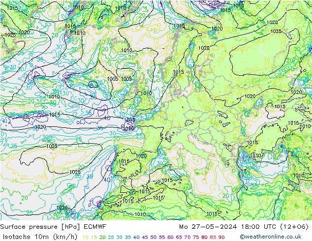 Izotacha (km/godz) ECMWF pon. 27.05.2024 18 UTC