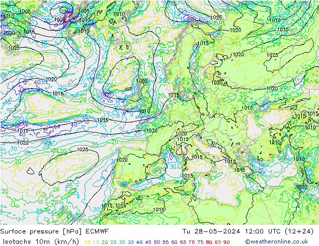 Isotachen (km/h) ECMWF di 28.05.2024 12 UTC