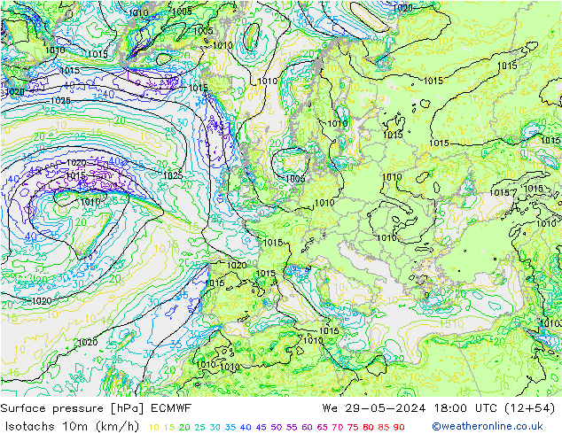 Isotachen (km/h) ECMWF wo 29.05.2024 18 UTC