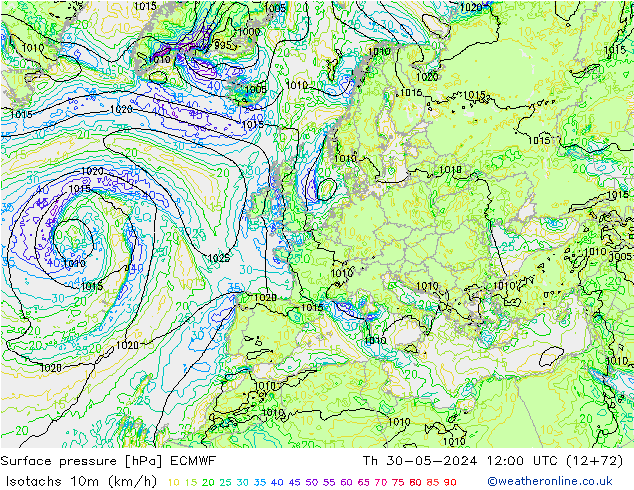 Isotachs (kph) ECMWF Qui 30.05.2024 12 UTC