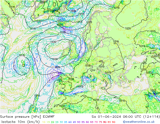 Isotachen (km/h) ECMWF Sa 01.06.2024 06 UTC