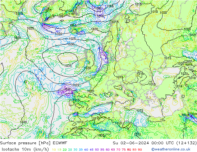 Isotachen (km/h) ECMWF zo 02.06.2024 00 UTC