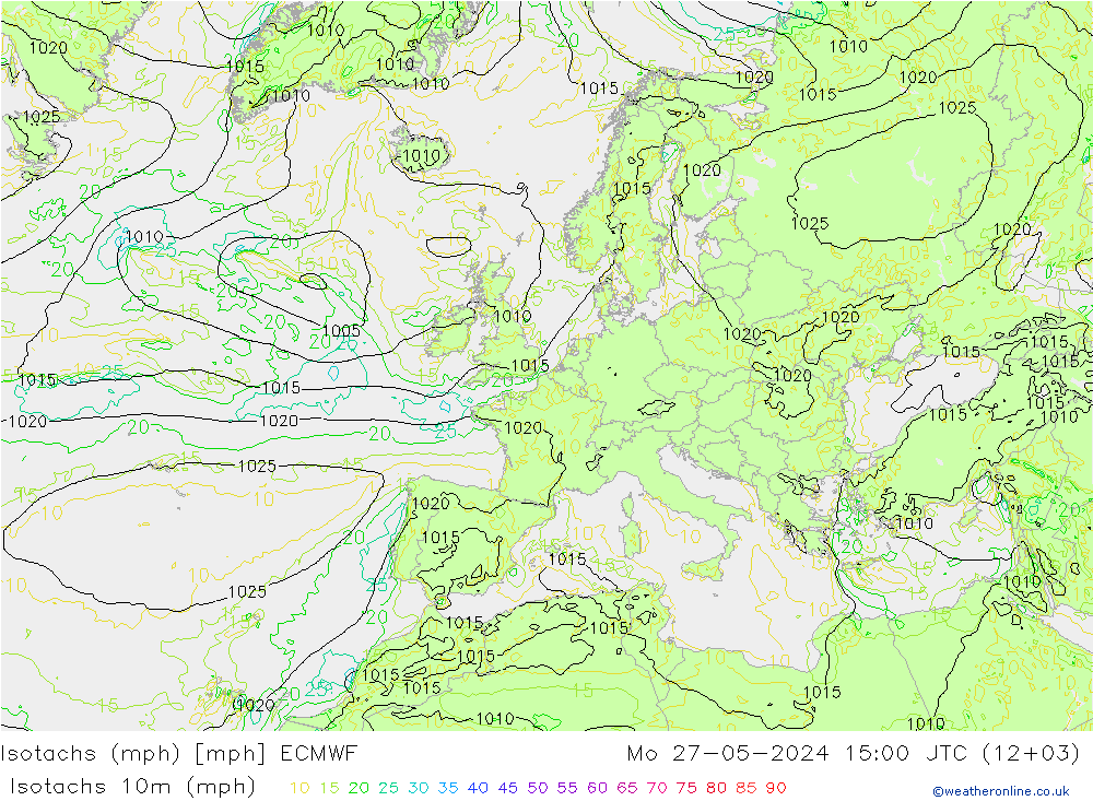 Isotachen (mph) ECMWF Mo 27.05.2024 15 UTC