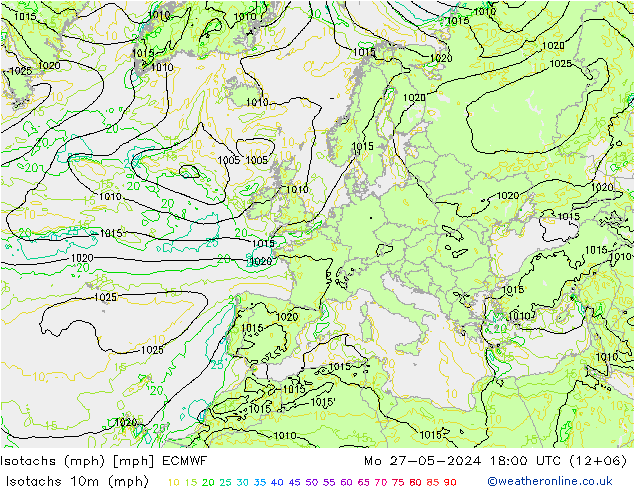 Isotaca (mph) ECMWF lun 27.05.2024 18 UTC