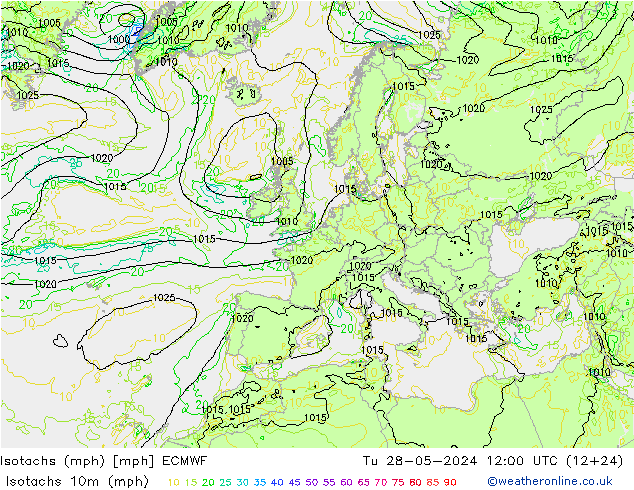 Isotachen (mph) ECMWF Di 28.05.2024 12 UTC