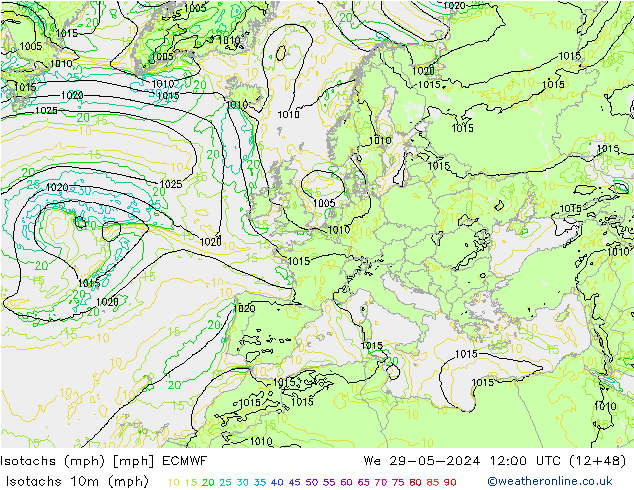 Isotachs (mph) ECMWF St 29.05.2024 12 UTC