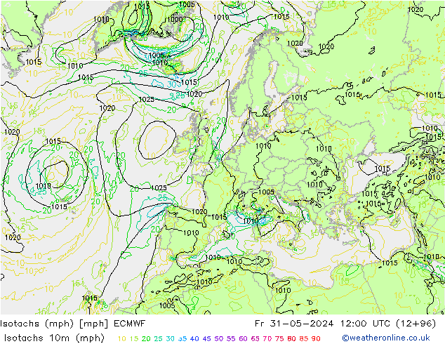 Isotachen (mph) ECMWF Fr 31.05.2024 12 UTC