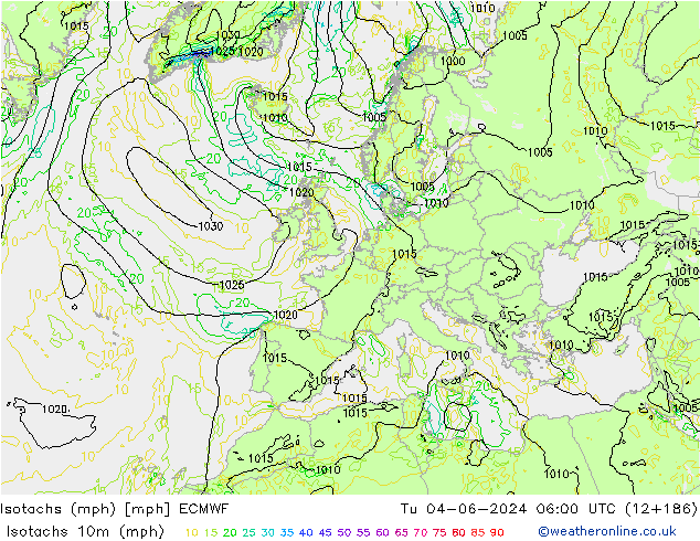 Isotachen (mph) ECMWF Di 04.06.2024 06 UTC