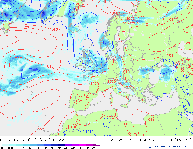 Z500/Rain (+SLP)/Z850 ECMWF Mi 29.05.2024 00 UTC