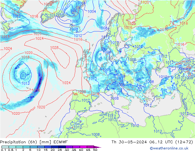 Z500/Rain (+SLP)/Z850 ECMWF Th 30.05.2024 12 UTC