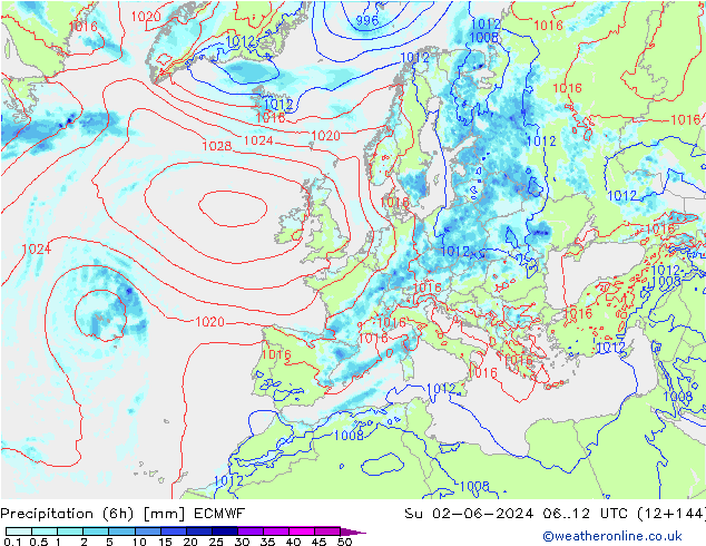 Z500/Rain (+SLP)/Z850 ECMWF So 02.06.2024 12 UTC