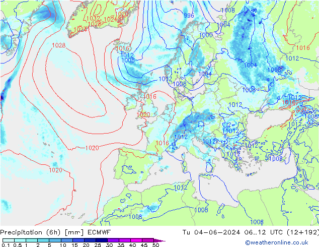 Z500/Yağmur (+YB)/Z850 ECMWF Sa 04.06.2024 12 UTC