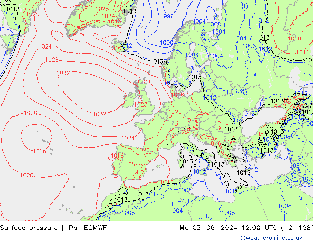 Surface pressure ECMWF Mo 03.06.2024 12 UTC