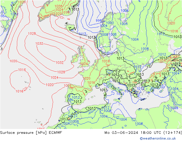 pressão do solo ECMWF Seg 03.06.2024 18 UTC