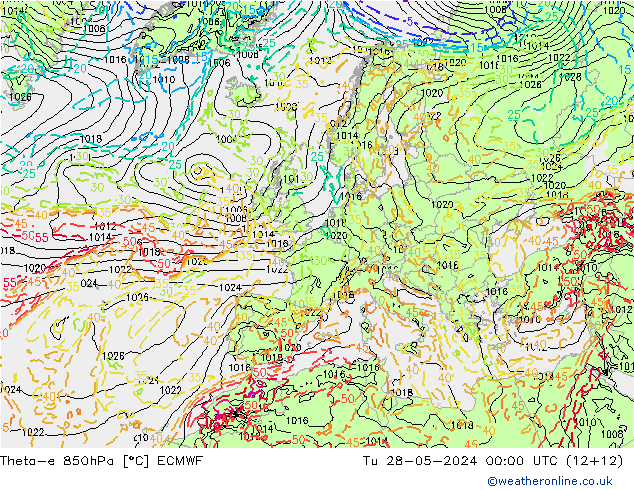 Theta-e 850hPa ECMWF Di 28.05.2024 00 UTC