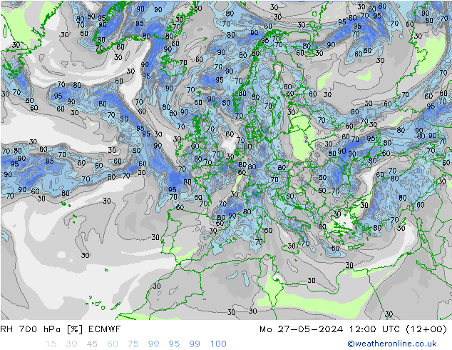 RH 700 hPa ECMWF Mo 27.05.2024 12 UTC