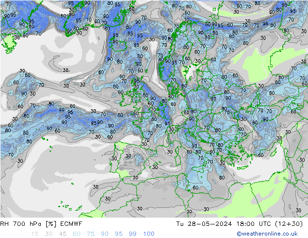 Humedad rel. 700hPa ECMWF mar 28.05.2024 18 UTC