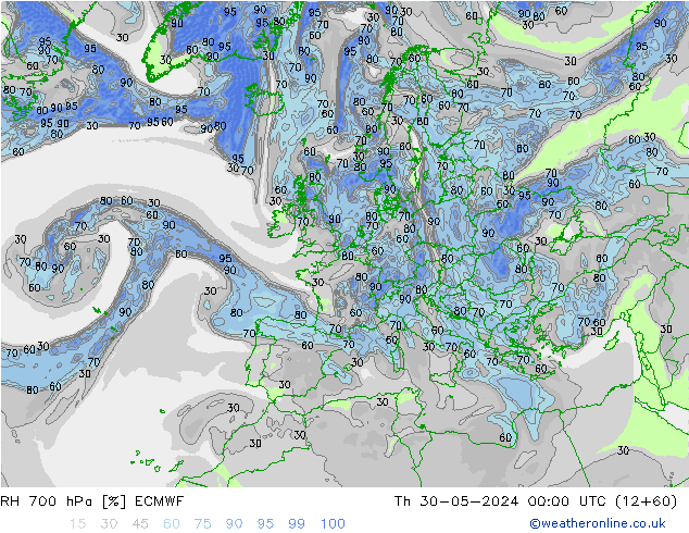 RH 700 hPa ECMWF Qui 30.05.2024 00 UTC